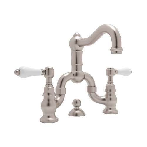Deck Mount Bridge Lavatory Faucet with Porcelain Levers Pop-Up and Column Spout in Satin Nickel