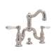 Deck Mount Bridge Lavatory Faucet with Porcelain Levers Pop-Up and Column Spout in Satin Nickel