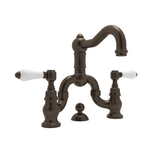 Deck Mount Bridge Lavatory Faucet with Porcelain Levers Pop-Up and Column Spout in Tuscan Brass