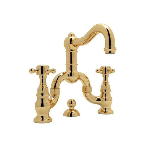 Deck Mount Bridge Lavatory Faucet with Cross Handles Pop-Up and Column Spout in Italian Brass