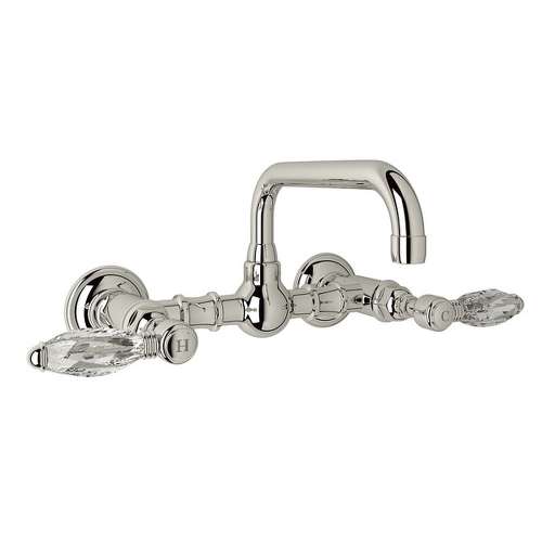 Wall Mount Bridge Lavatory Faucet with Crystal Levers and High Swinging Spout in Polished Nickel