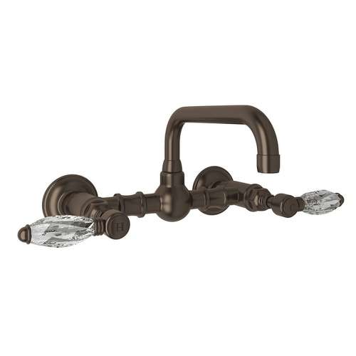 Wall Mount Bridge Lavatory Faucet with Crystal Levers and High Swinging Spout in Tuscan Brass