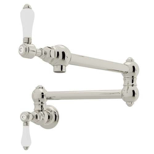 Wall Mount Swing Arm Pot Filler With Porcelain Lever Handle In Polished Nickel