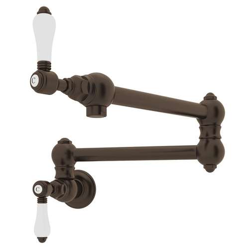 Wall Mount Swing Arm Pot Filler With Porcelain Lever Handle In Tuscan Brass