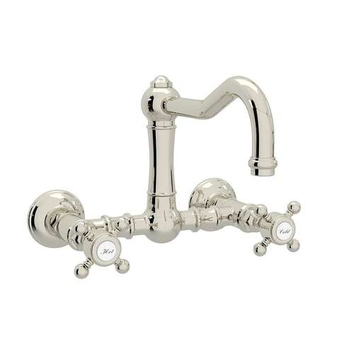 Wall Mount Column Spout Bridge Kitchen Faucet With Cross Handle In Polished Nickel