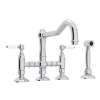 Deck Mount Column Spout 3 Leg Bridge Kitchen Faucet With Sidespray And Porcelain Lever Handle In Polished Chrome