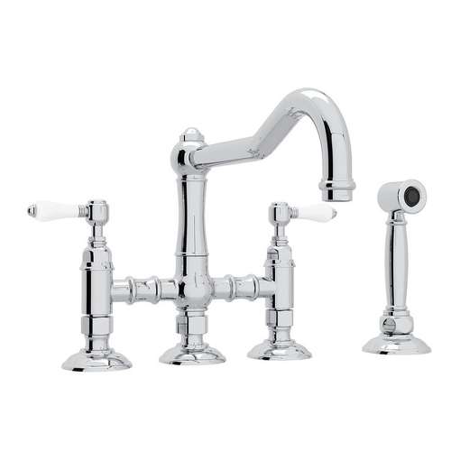 Deck Mount Column Spout 3 Leg Bridge Kitchen Faucet With Sidespray And Porcelain Lever Handle