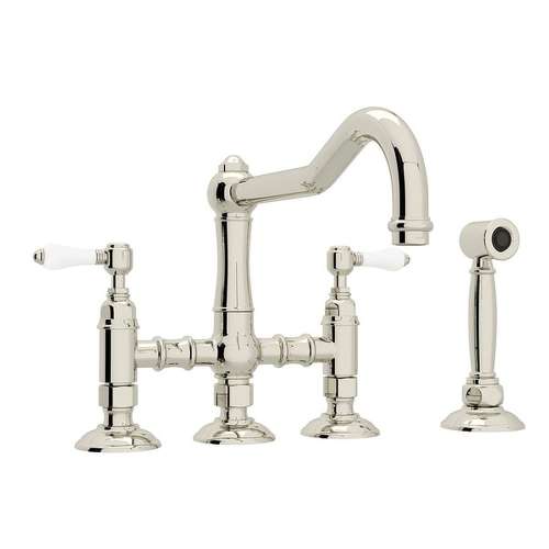 Deck Mount Column Spout 3 Leg Bridge Kitchen Faucet With Sidespray And Porcelain Lever Handle In Polished Nickel