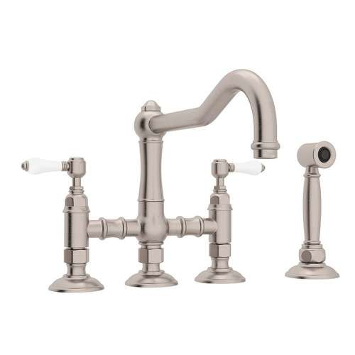 Deck Mount Column Spout 3 Leg Bridge Kitchen Faucet With Sidespray And Porcelain Lever Handle In Satin Nickel