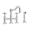 Deck Mount Column Spout 3 Leg Bridge Kitchen Faucet With Sidespray And Cross Handle In Polished Chrome