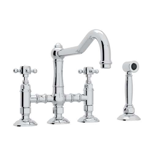 Deck Mount Column Spout 3 Leg Bridge Kitchen Faucet With Sidespray And Cross Handle
