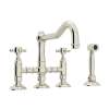 Deck Mount Column Spout 3 Leg Bridge Kitchen Faucet With Sidespray And Cross Handle In Polished Nickel