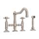 Deck Mount Column Spout 3 Leg Bridge Kitchen Faucet With Sidespray And Cross Handle In Satin Nickel