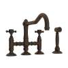 Deck Mount Column Spout 3 Leg Bridge Kitchen Faucet With Sidespray And Cross Handle In Tuscan Brass