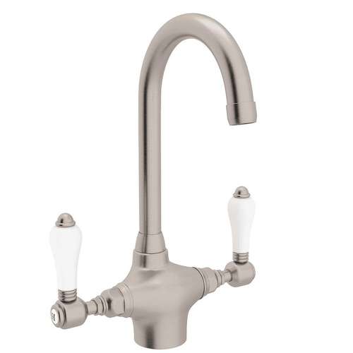 C-Spout Bar/Food Prep Faucet With Porcelain Lever Handle In Satin Nickel