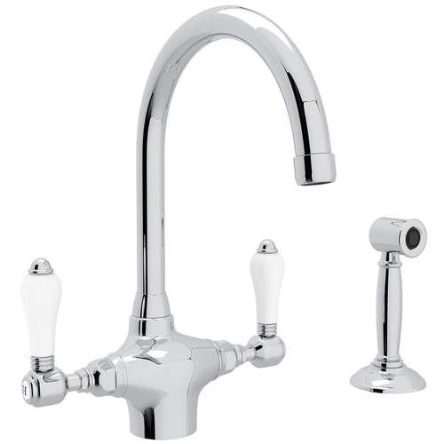 Single Hole C-Spout Kitchen Faucet With Porcelain Lever Sidespray In Polished Chrome