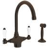 Single Hole C-Spout Kitchen Faucet With Porcelain Lever Sidespray In Tuscan Brass