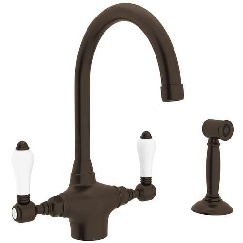 Single Hole C-Spout Kitchen Faucet With Porcelain Lever Sidespray In Tuscan Brass