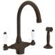 Single Hole C-Spout Kitchen Faucet With Porcelain Lever Sidespray In Tuscan Brass