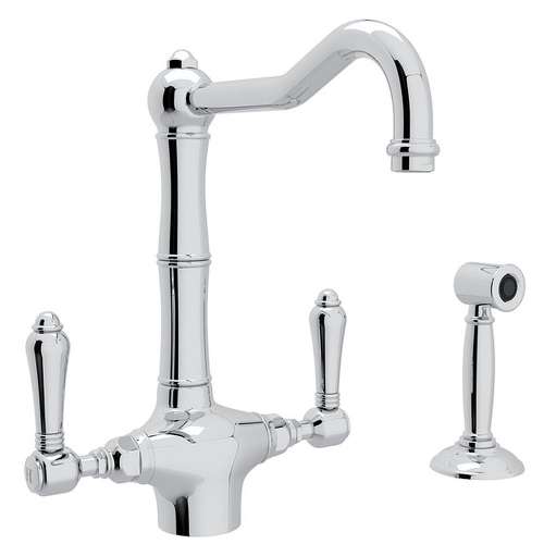 Single Hole C-Spout Kitchen Faucet With Metal Lever Sidespray In Polished Chrome