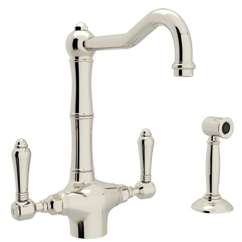 Single Hole C-Spout Kitchen Faucet With Metal Lever Sidespray In Polished Nickel