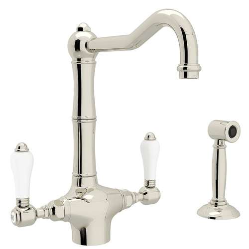 Single Hole Column Spout Kitchen Faucet With Porcelain Lever Sidespray In Polished Nickel