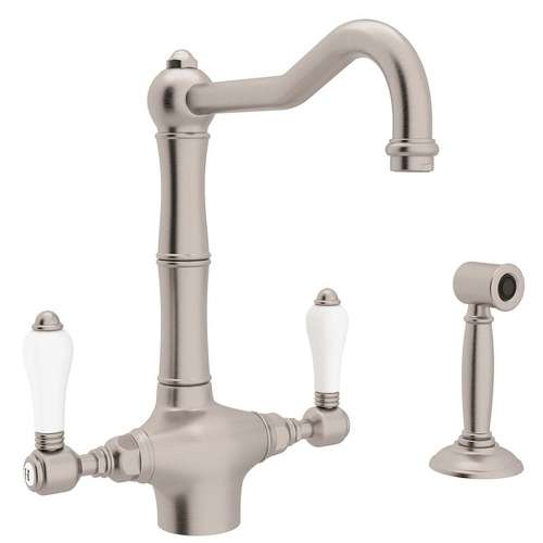 Single Hole Column Spout Kitchen Faucet With Porcelain Lever Sidespray In Satin Nickel