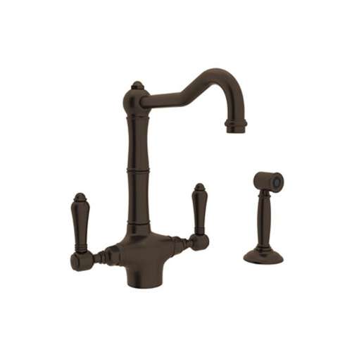 Single Hole Column Spout Kitchen Faucet With Porcelain Lever Sidespray In Tuscan Brass