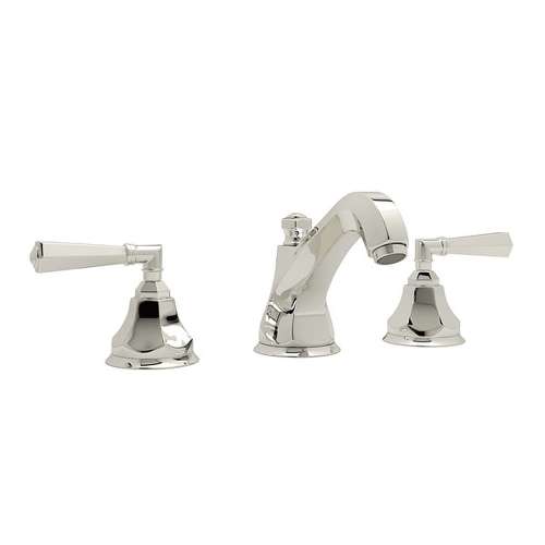 High Neck Widespread Lavatory Faucet with Hex Spout Metal Lever Handles and Pop-Up in Polished Nickel