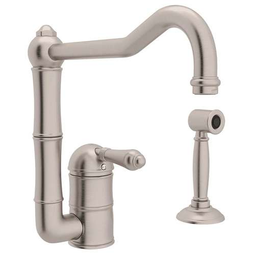 Single Hole Column Spout Kitchen Faucet With Sidespray With Metal Lever Handle In Satin Nickel