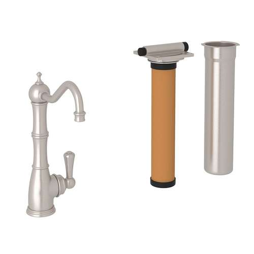 Edwardian Column Spout Kitchen Faucet With Metal Lever Handle And Triflow Filter In Satin Nickel