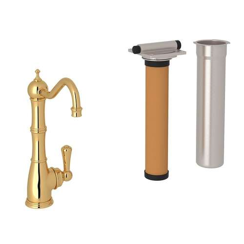 Edwardian Column Spout Kitchen Faucet With Metal Lever Handle And Triflow Filter In English Gold