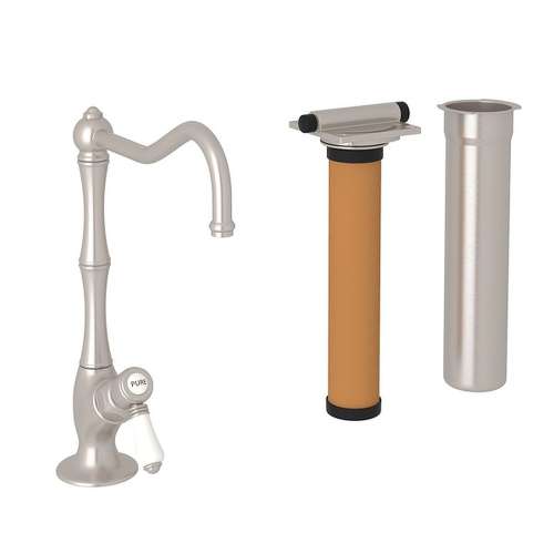 Column Spout Filter Faucet Kit With Mini Porcelain Lever Handle In Satin Nickel