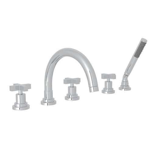5-Hole Deck Mount Tub Filler with Cross Handle C-Spout in Polished Chrome