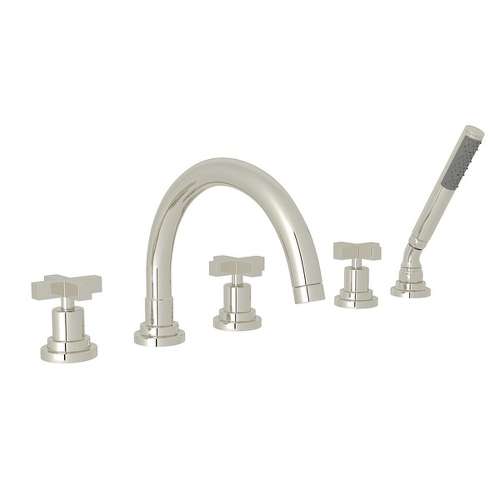 5-Hole Deck Mount Tub Filler with Cross Handle C-Spout in Polished Nickel