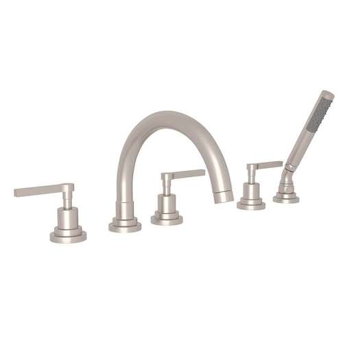 5-Hole Deck Mount Tub Filler with Metal Lever C-Spout in Satin Nickel