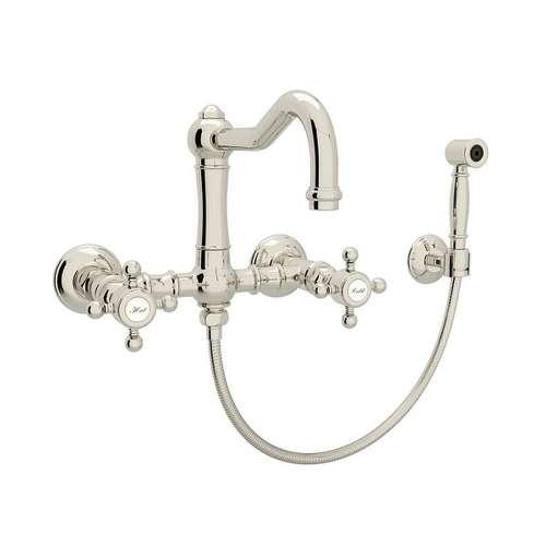 Wall Mount Column Spout Bridge Kitchen Faucet With Sidespray And Cross Handle In Polished Nickel