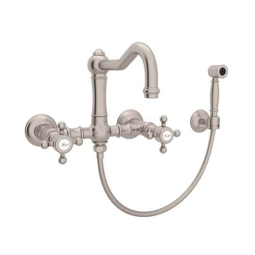 Wall Mount Column Spout Bridge Kitchen Faucet With Sidespray And Cross Handle In Satin Nickel