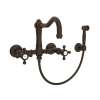 Wall Mount Column Spout Bridge Kitchen Faucet With Sidespray And Cross Handle In Tuscan Brass