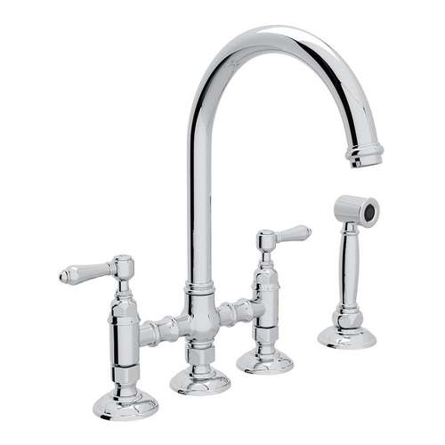 Deck Mount C-Spout 3 Leg Bridge Kitchen Faucet With Sidespray And Metal Lever In Polished Chrome