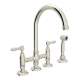 Deck Mount C-Spout 3 Leg Bridge Kitchen Faucet With Sidespray And Metal Lever In Polished Nickel