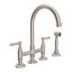 Deck Mount C-Spout 3 Leg Bridge Kitchen Faucet With Sidespray And Metal Lever In Satin Nickel