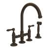 Deck Mount C-Spout 3 Leg Bridge Kitchen Faucet With Sidespray And Metal Lever In Tuscan Brass
