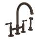 Deck Mount C-Spout 3 Leg Bridge Kitchen Faucet With Sidespray And Metal Lever In Tuscan Brass