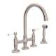Deck Mount C-Spout 3 Leg Bridge Kitchen Faucet With Sidespray And Porcelain Lever In Satin Nickel