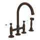 Deck Mount C-Spout 3 Leg Bridge Kitchen Faucet With Sidespray And Porcelain Lever In Tuscan Brass