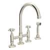 Deck Mount C-Spout 3 Leg Bridge Kitchen Faucet With Sidespray And Cross Handle In Polished Nickel
