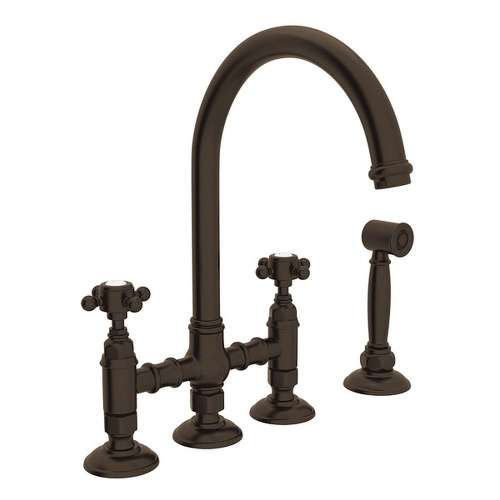 Deck Mount C-Spout 3 Leg Bridge Kitchen Faucet With Sidespray And Cross Handle In Tuscan Brass