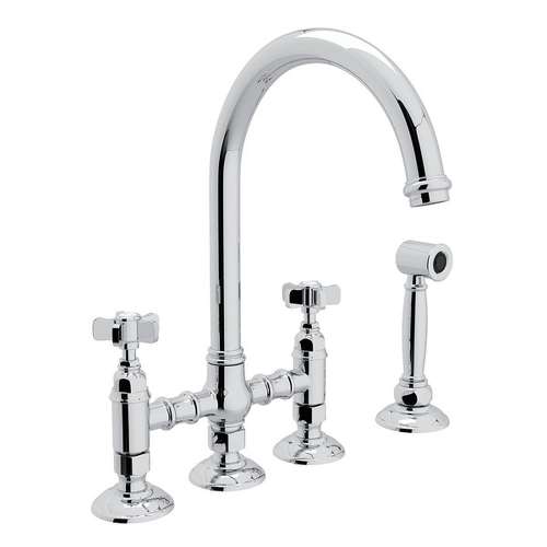 Deck Mount C-Spout 3 Leg Bridge Kitchen Faucet With Sidespray And Five Spoke Handles Sidespray In Polished Chrome