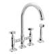 Deck Mount C-Spout 3 Leg Bridge Kitchen Faucet With Sidespray And Five Spoke Handles Sidespray In Polished Chrome